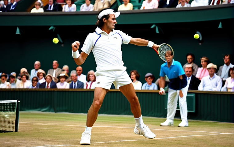**
"Ilie Năstase in his prime, wearing a classic white tennis outfit on a clay court, action shot during a serve, Wimbledon in the background, fully clothed, appropriate attire, perfect anatomy, natural pose, professional tennis photography, safe for work, modest, family-friendly."
**